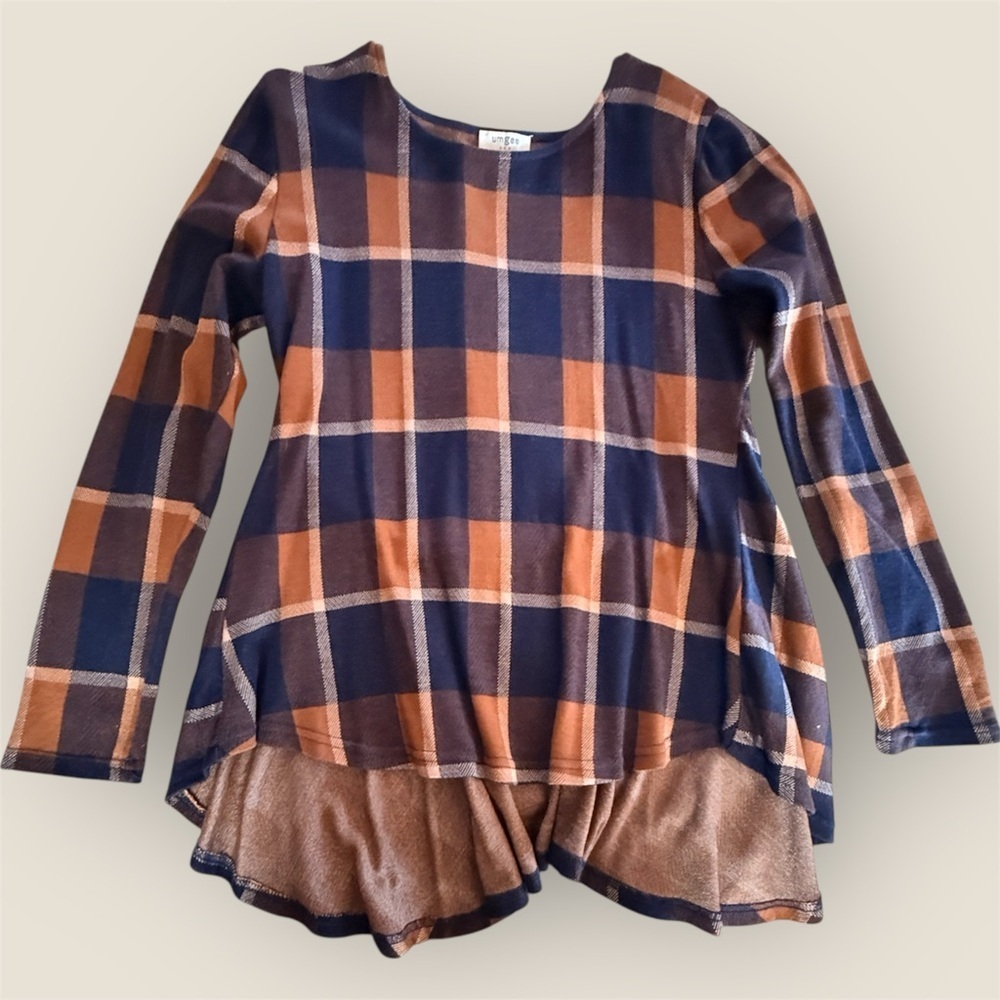 Umgee Long Sleeve Plaid Top - Navy and Rust